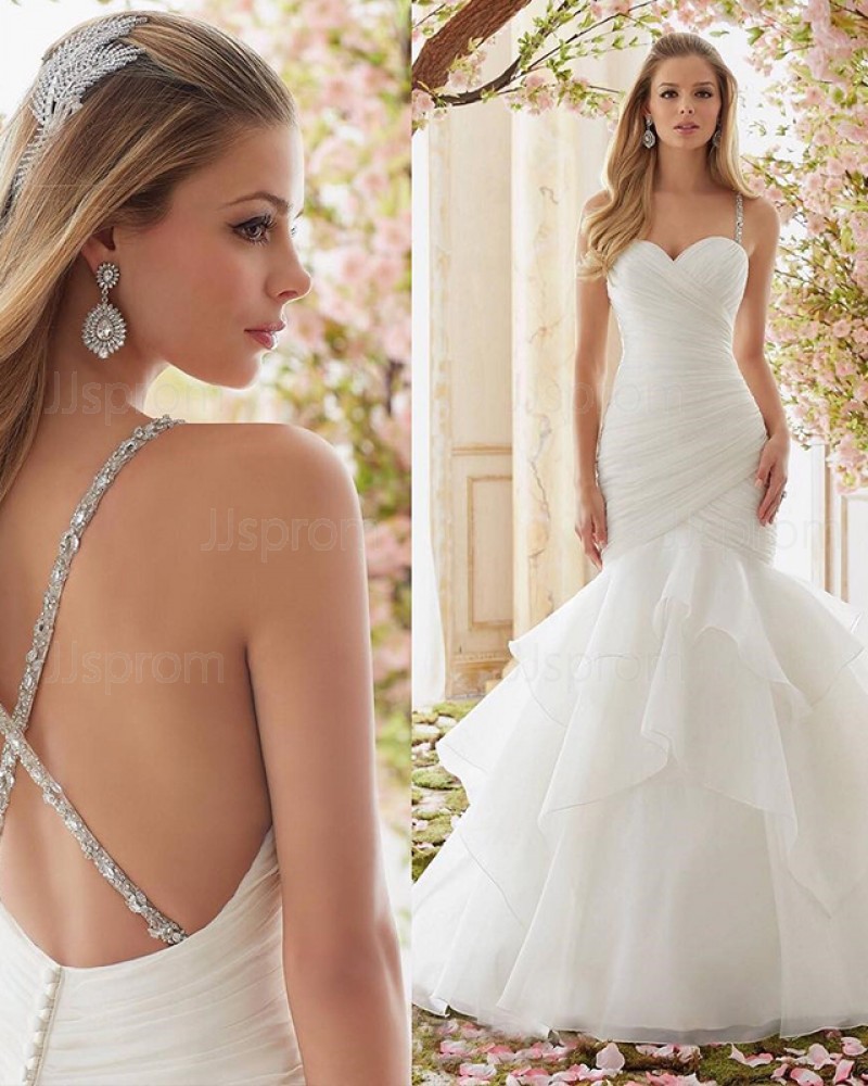Beading Ruffled White Spaghetti Straps Mermaid Wedding Dress WD2098