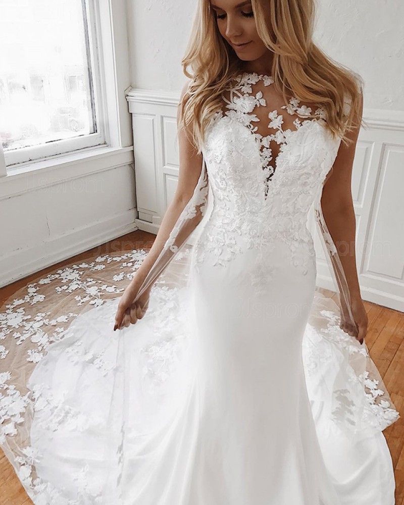 Gorgeous Applique Mermaid White 3D Flower Wedding Dress with Chapel Train WD2100