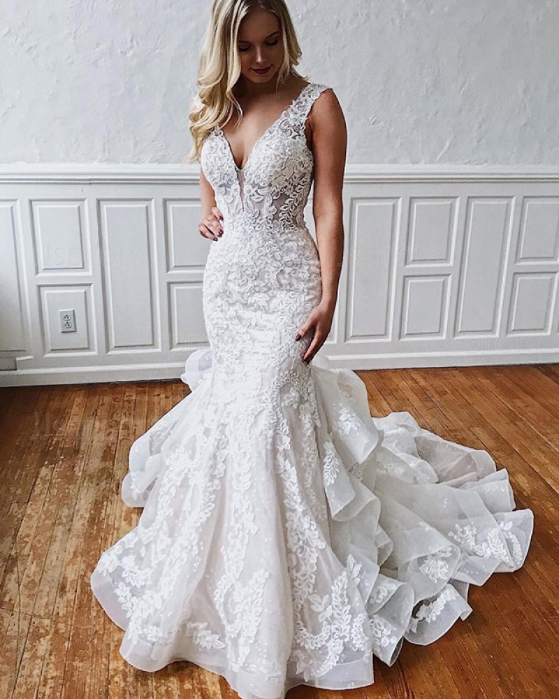 Gorgeous Deep V-neck Ruffle Lace White Mermaid Wedding Dress WD2102