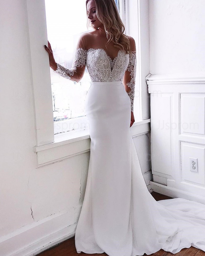 Sheer Neck Mermaid Chiffon Lace Applique Wedding Dress with Long Sleeves WD2105