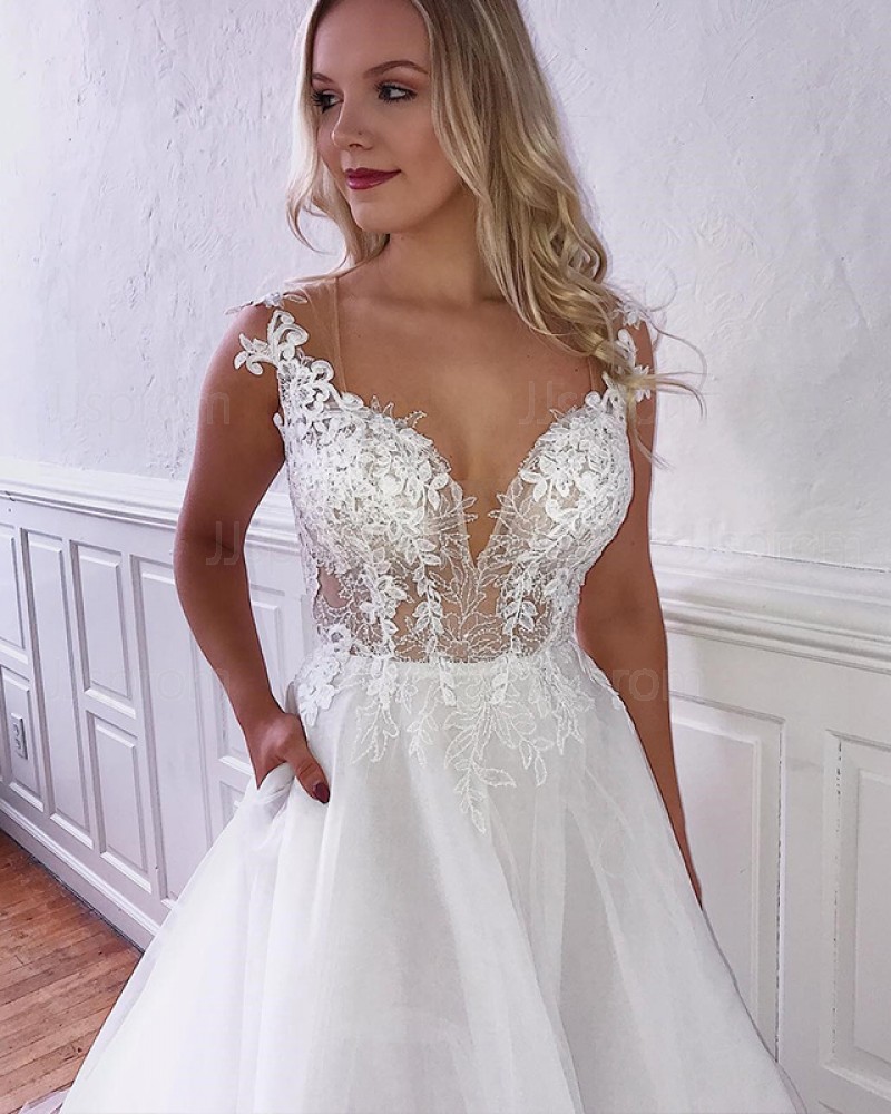 Elegant Lace Applique Tulle V-neck Wedding Dress with Pockets WD2107