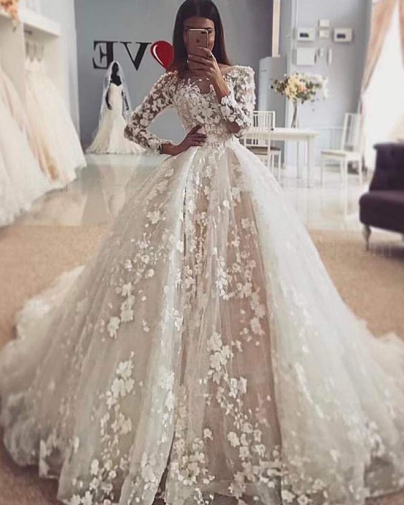 Elegant Jewel Ivory 3D Lace Flowers Long Sleeve Wedding Dress WD2110