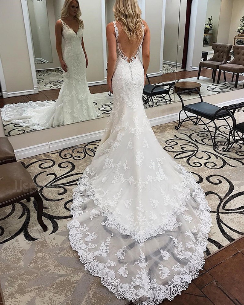 Elegant Mermaid White V-neck Lace Appliqued Wedding Dress WD2112