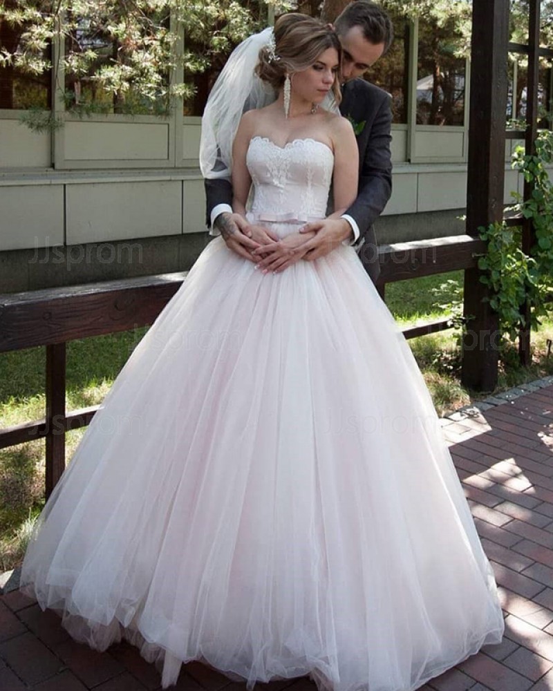 Light Pink Sweetheart Tulle Applique Pleated Wedding Gown WD2113
