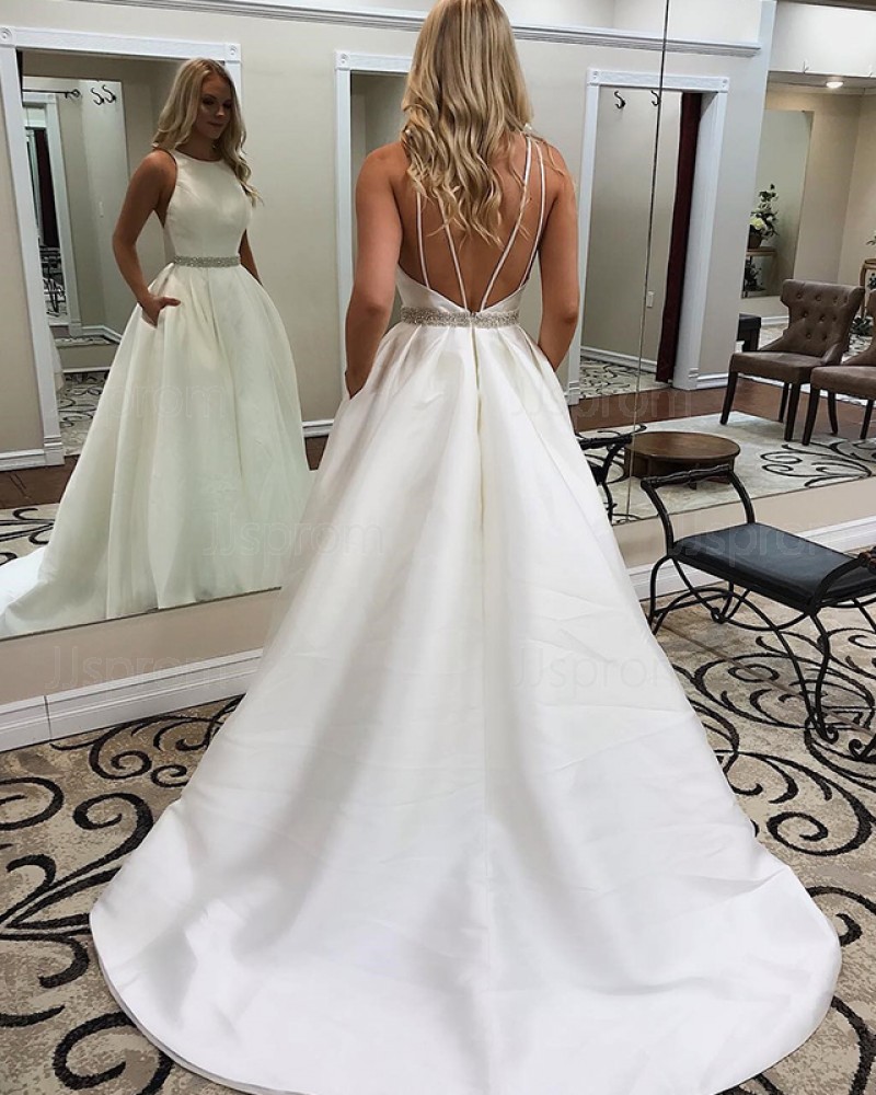 A-line Simple Jewel White Satin Fall Wedding Dress with Pockets WD2114