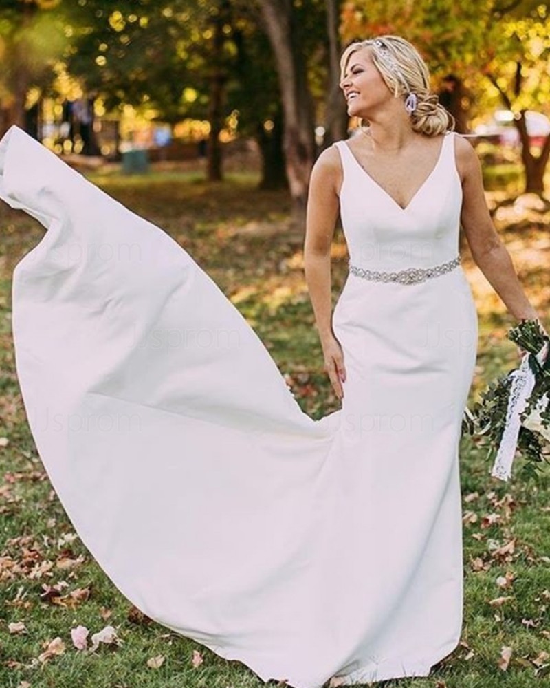 Simple Mermaid V-neck White Satin Wedding Dress WD2116