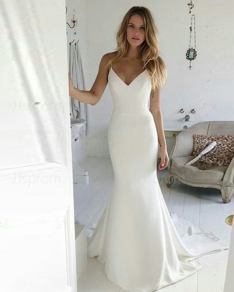 Simple Satin Mermaid Spaghetti Straps White Wedding Dress WD2117