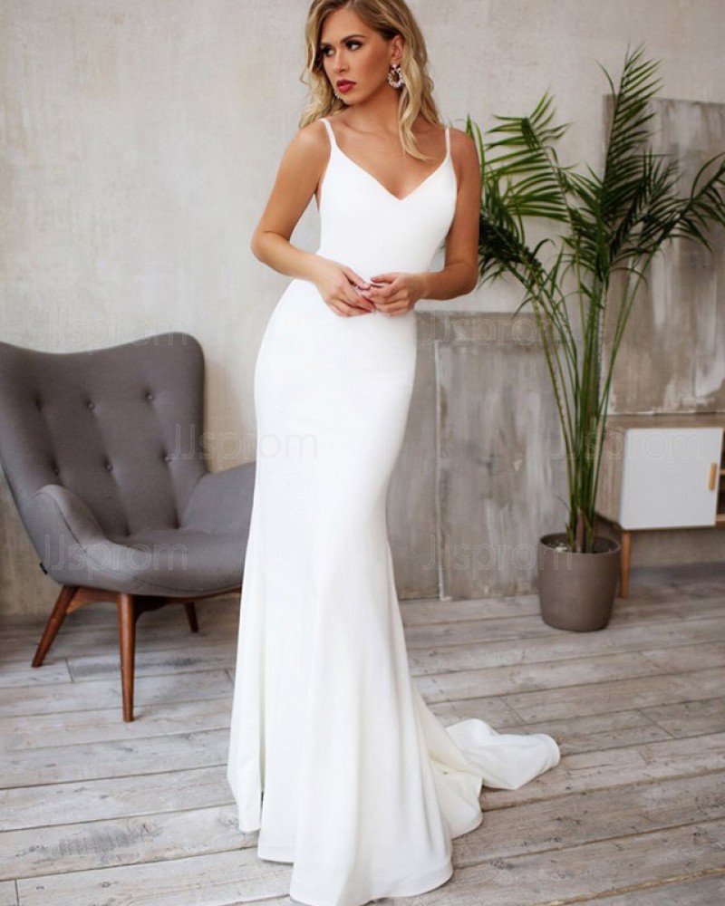 Mermaid Satin White Spaghetti Straps Wedding Dress with Beading Belt WD2122