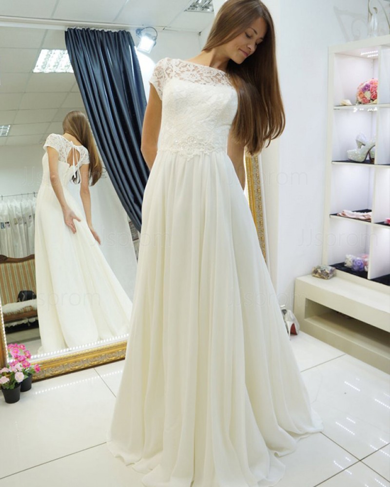 Ivory A-line Pleated Bateau Lace Bodice Wedding Dress with Keyhole Back WD2123