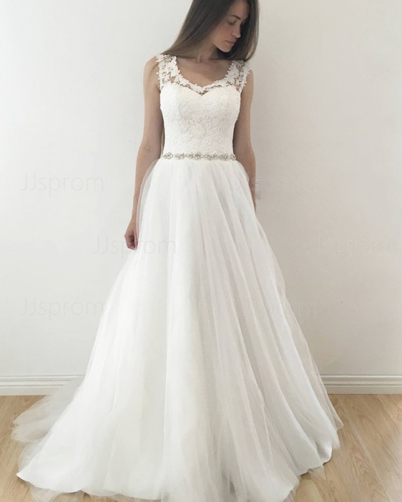Tulle Pleated White Scoop Lace Bodice Wedding Dress with Beading Belt WD2126