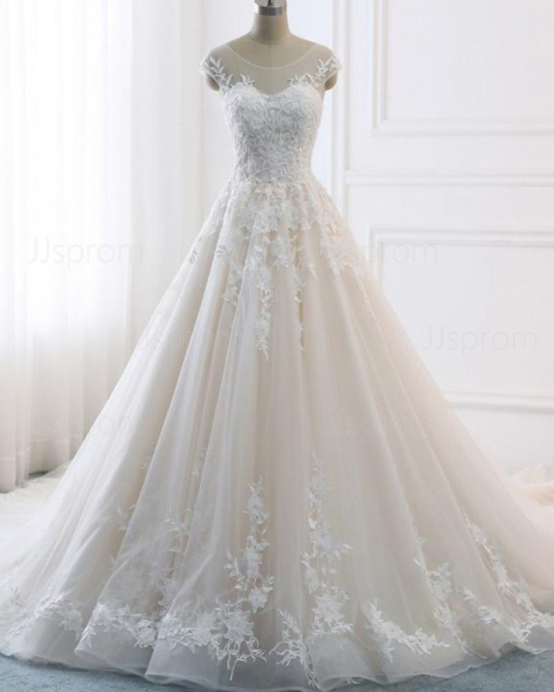 Lace Appliqued Champagne Scoop Pleated Wedding Dress WD2128