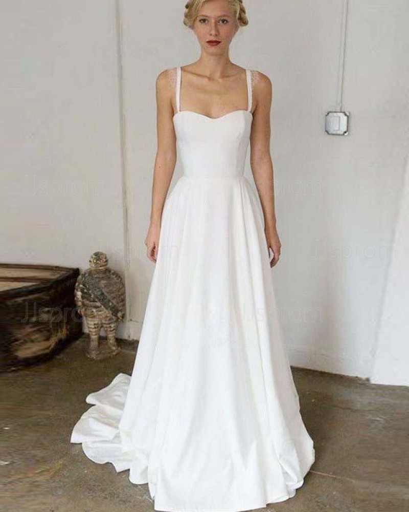 Simple Satin A-line Pleated Square White Beach Wedding Dress WD2129