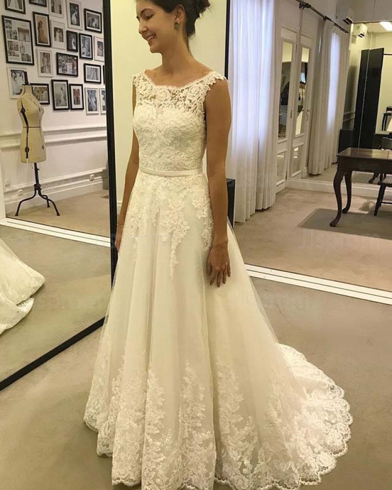 Elegant Jewel Pleated Lace Applique Ivory Wedding Dress WD2130