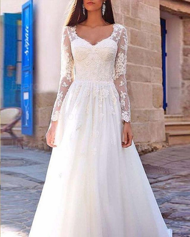 Scoop Lace Long Sleeve Appliqued Bodice White Wedding Dress WD2131