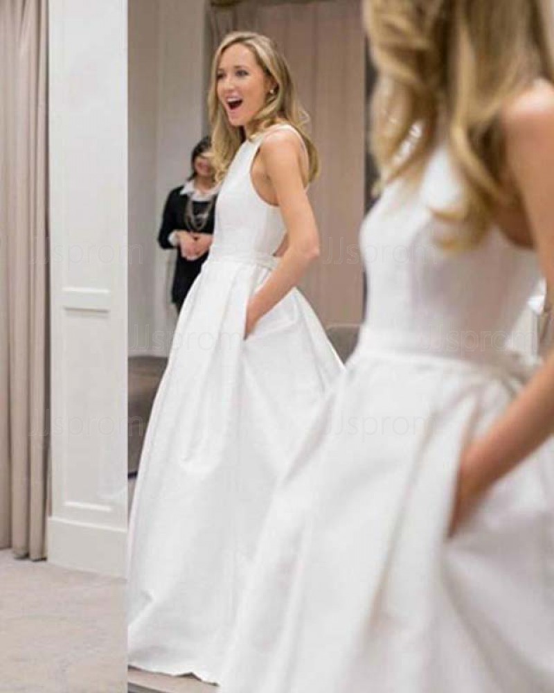 Simple Jewel A-line White Wedding Dress with Pockets WD2133