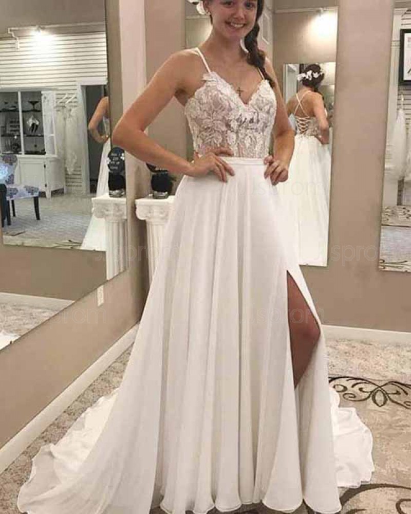 Lace Bodice White Chiffon Spaghetti Straps Wedding Dress with Side Slit WD2137