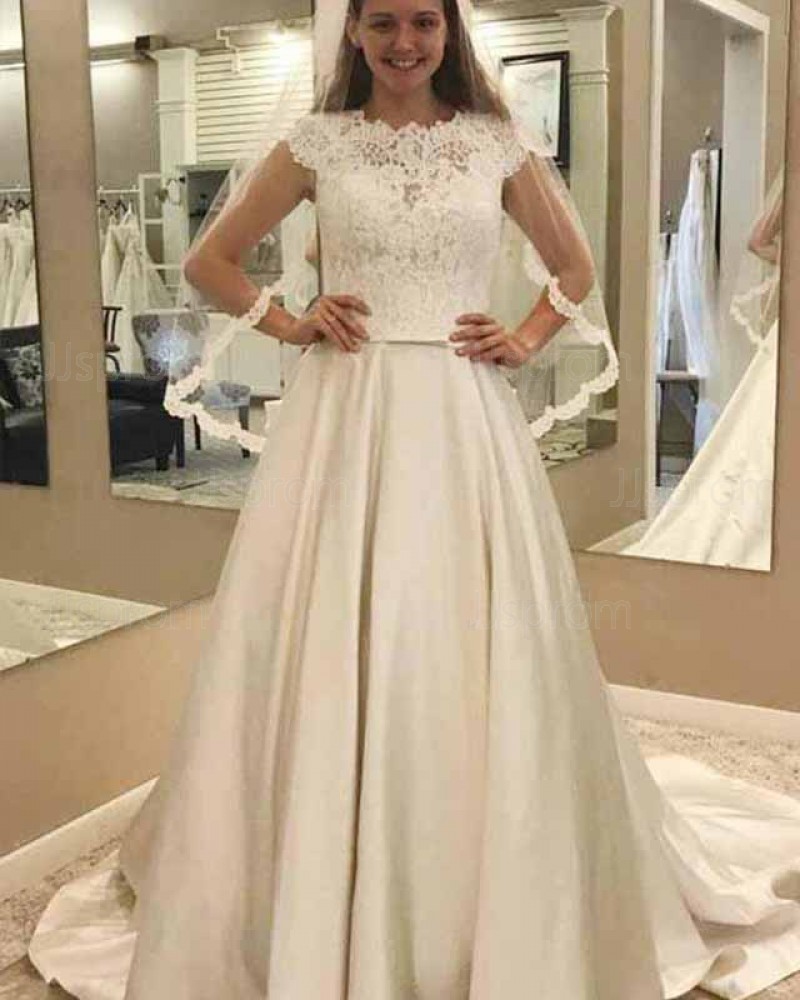 Ivory Satin Pleated High Neck Lace Bodice Fall Wedding Dress WD2139