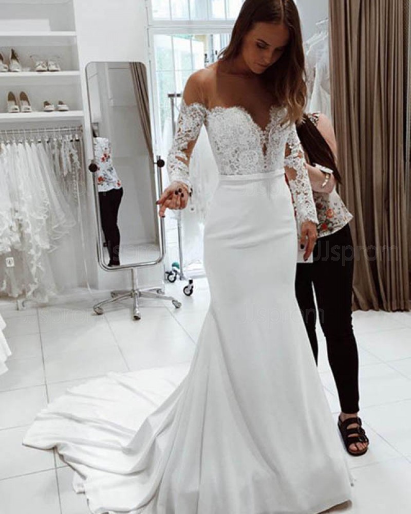 Lace Bodice Mermaid Satin Sheer Neck White Wedding Dress with Long Sleeves WD2141
