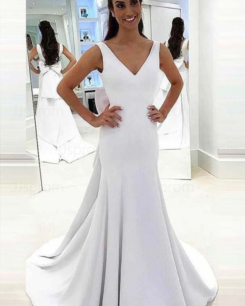 Simple Satin Mermaid V-neck White Wedding Dress with Bowknot WD2145