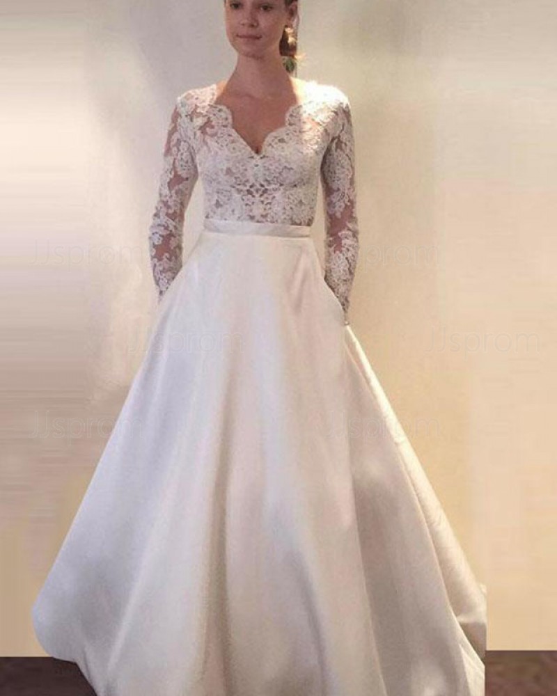 V-neck Ivory Long Sleeve Lace Bodice Satin Wedding Dress with Pockets WD2147