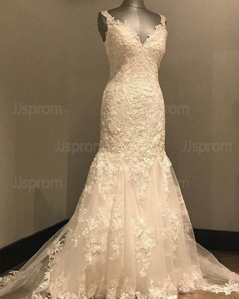 Elegant Lace White V-neck Mermaid Wedding Dress WD2148