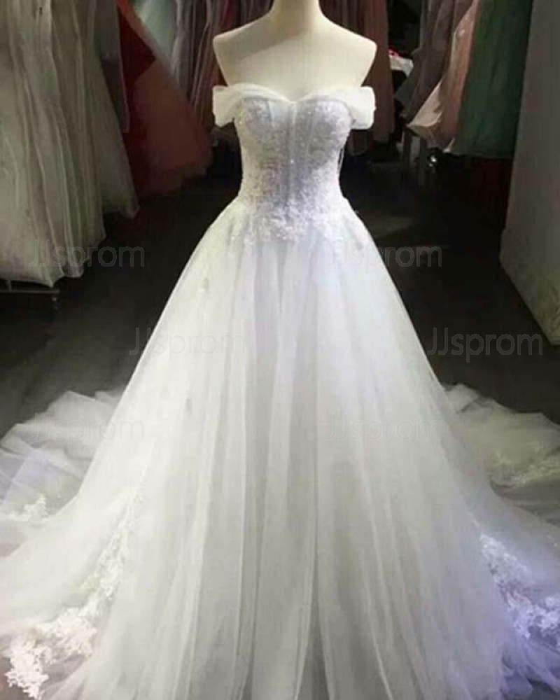 White Lace Applique Off the Shoulder Ball Gown Wedding Dress WD2149