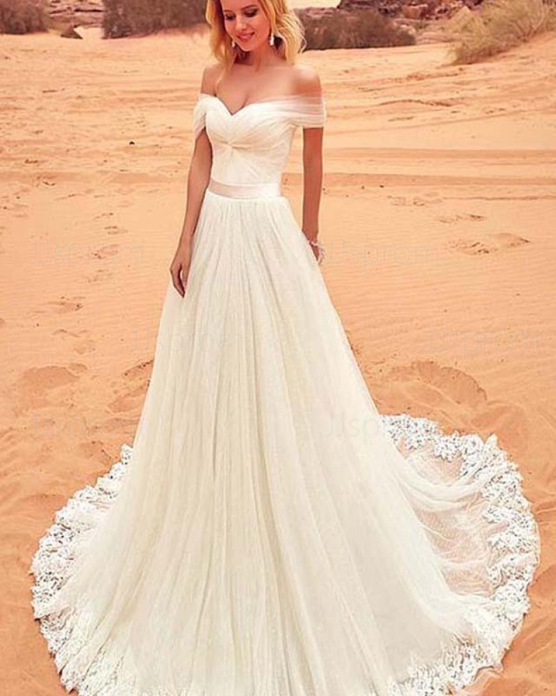 Pleated Ivory A-line Off the Shoulder Wedding Dress with Appliques WD2150