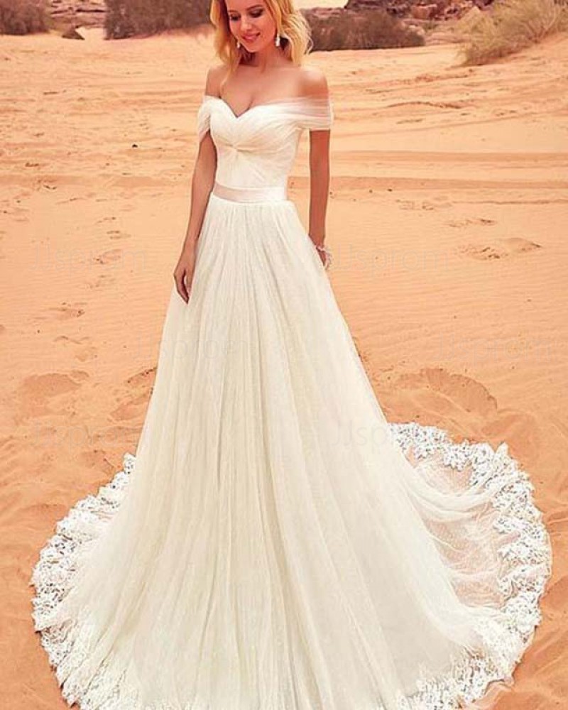 Pleated Ivory A-line Off the Shoulder Wedding Dress with Appliques WD2150
