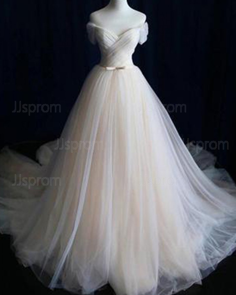 Simple Champagne Tulle Off the Shoulder Pleated Wedding Dress WD2151