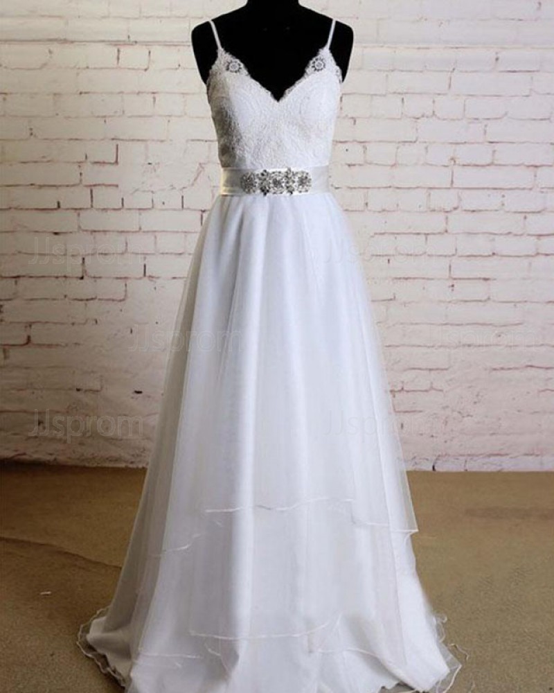 Lace Bodice Beading Spaghetti Straps A-line White Wedding Dress WD2153