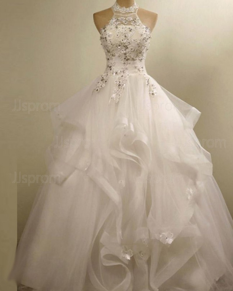 3D Flower Applique High Neck Ruffle Wedding Gown WD2155
