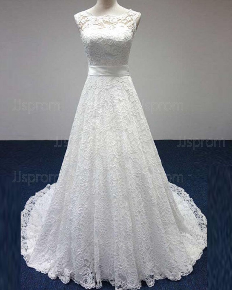 Strapless Vintage Lace Jewel Neck Ivory A-line Wedding Dress WD2158