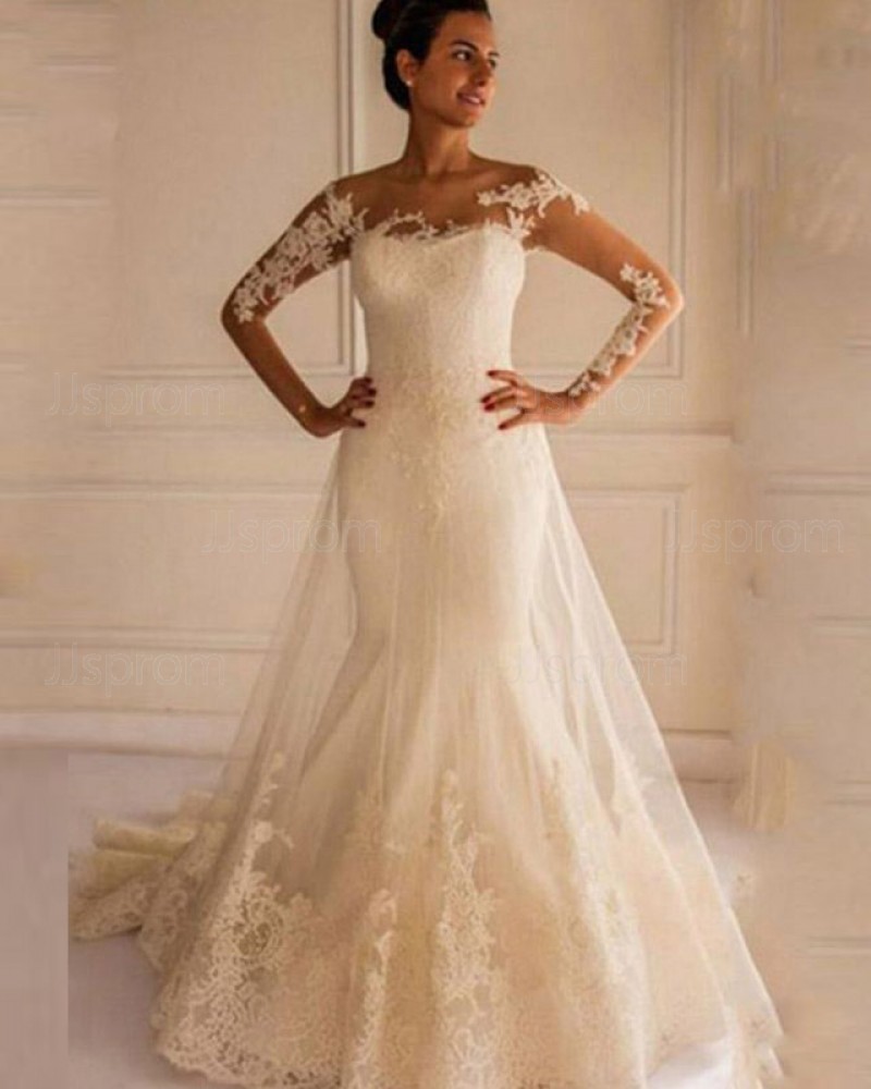 Long Sleeve Mermaid Bateau Lace Applique Wedding Dress WD2159