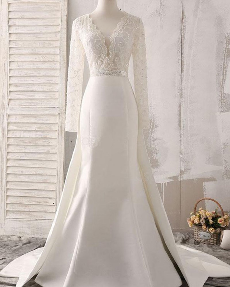 White Lace Bodice Satin Deep V-neck Fall Wedding Dress with Long Sleeves WD2161
