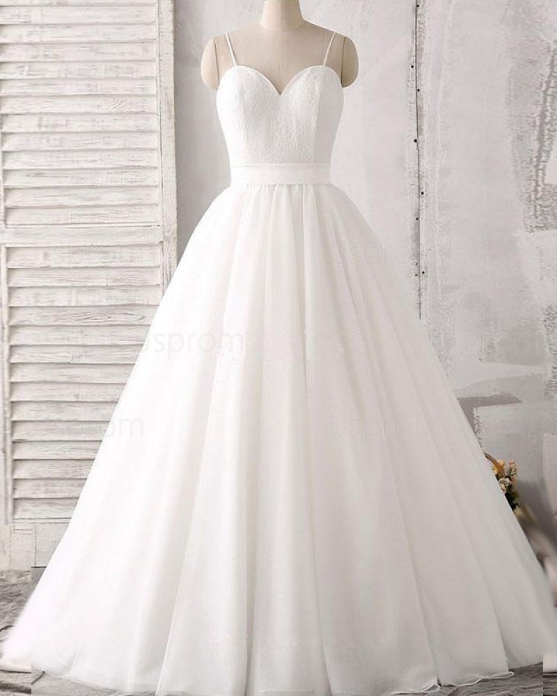 Lace Bodice White Spaghetti Straps Pleated Princess Wedding Dress WD2162