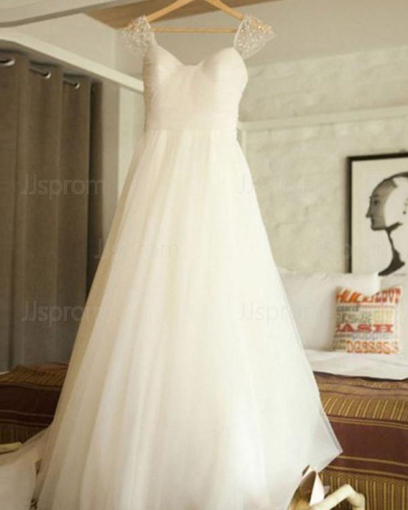 White Tulle Ruched V-neck Wedding Dress with Beading Cap Sleeves WD2169