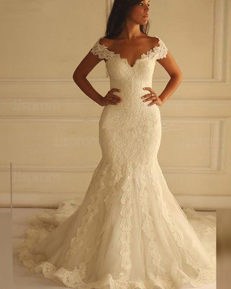 Off the Shoulder Vintage Lace Ivory Mermaid Wedding Dress WD2170
