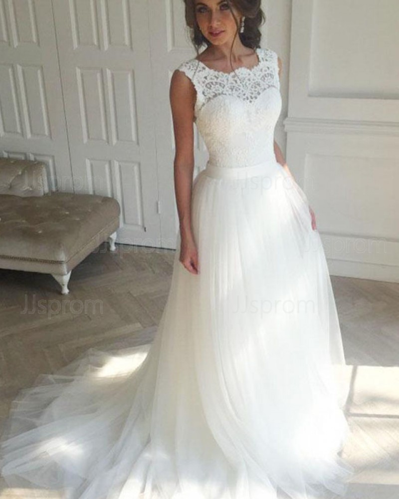 Elegant Lace Bodice White Scoop Tulle Wedding Dress WD2172
