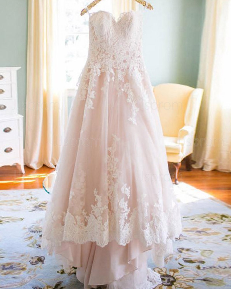 Pink Lace Applique Spaghetti Straps A-line Wedding Dress WD2173