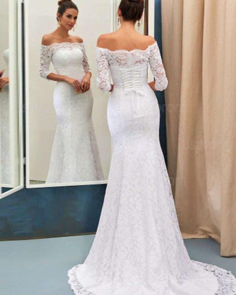 White Long Sleeve Off the Shoulder Lace Mermaid Wedding Dress with Lace Up WD2176