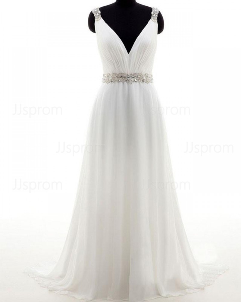 Simple Ruched Ivory V-neck Tulle Wedding Dress with Beading Belt WD2177