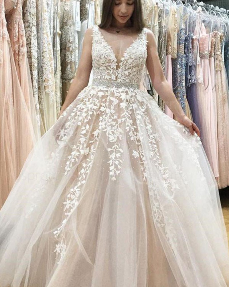 Appliqued Ivory V-neck Lace Wedding Dress with Beading Belt WD2180