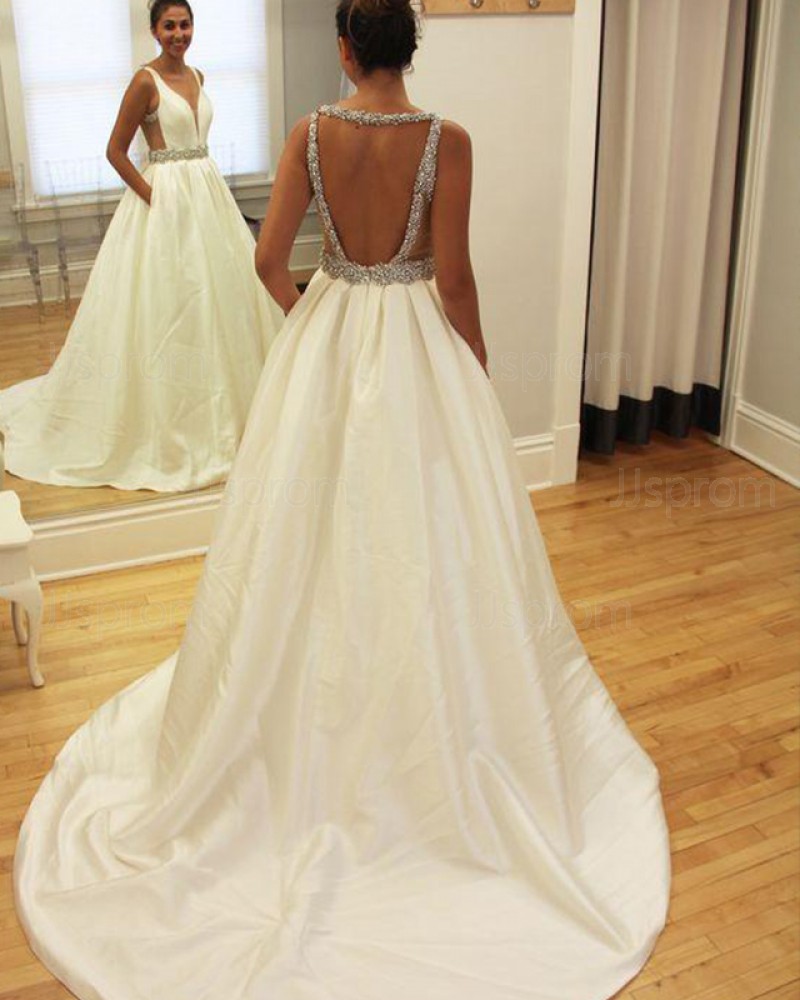 Simple Satin Beading Deep V-neck Wedding Gown with Pockets WD2186