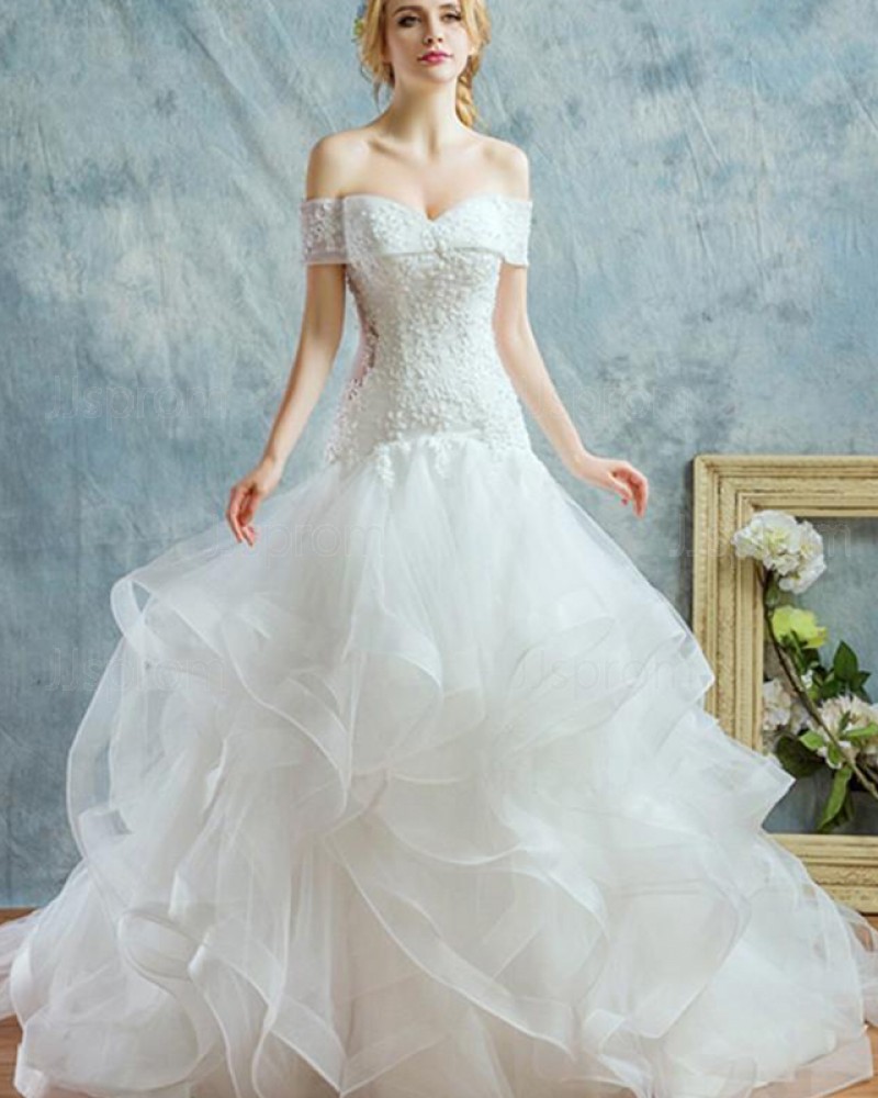 White Beading Ruffle Off the Shoulder Mermaid Wedding Dress WD2187