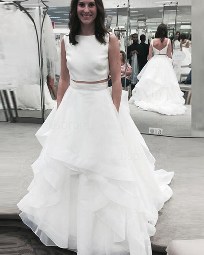 Simple Two Piece Ruffle Jewel White Wedding Dress WD2192