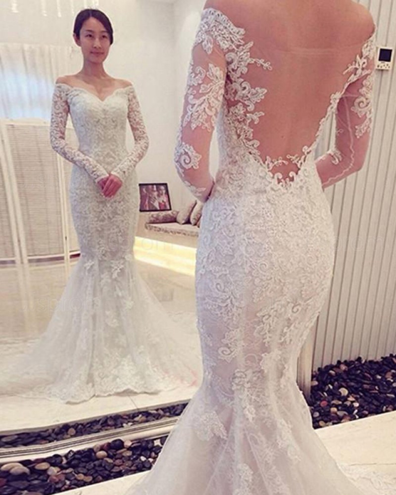 Lace White Off the Shoulder Wedding Dress with Long Sleeves WD2194