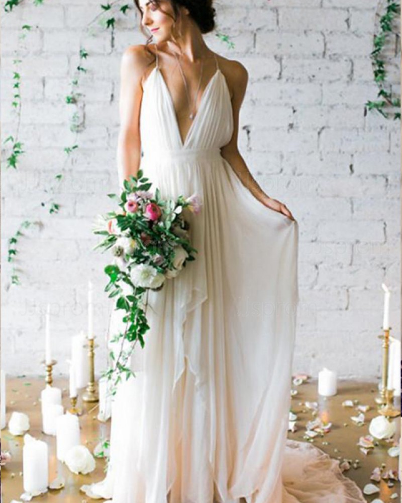 Simple Pleated Chiffon Spaghetti Straps Beach Wedding Dress WD2195