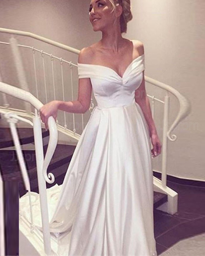 Ivory Satin Simple Off the Shoulder Wedding Dress WD2196