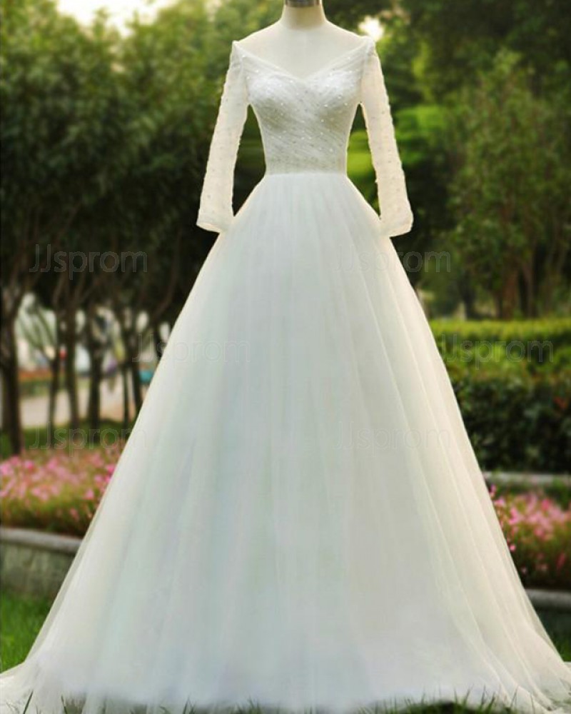 Beading Bodice A-line Off the Shoulder Wedding Dress with 3/4 Length Sleeves WD2197