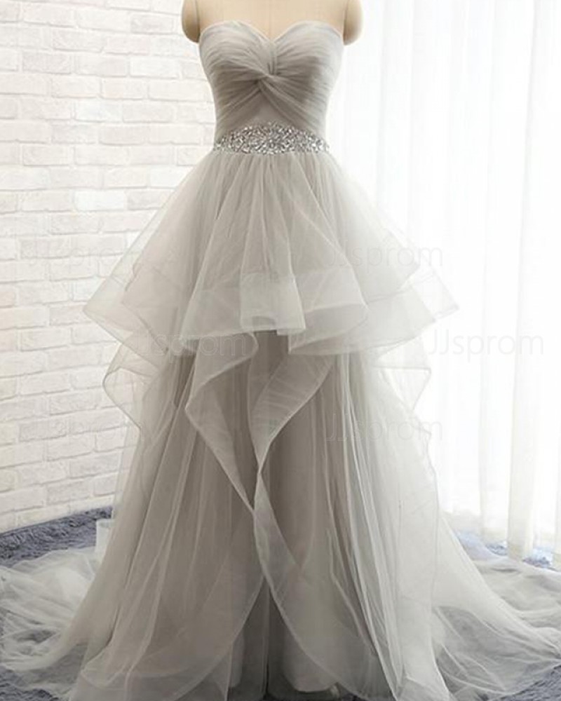 Ruffle Beading Grey Sweetheart Tulle Wedding Dress WD2198